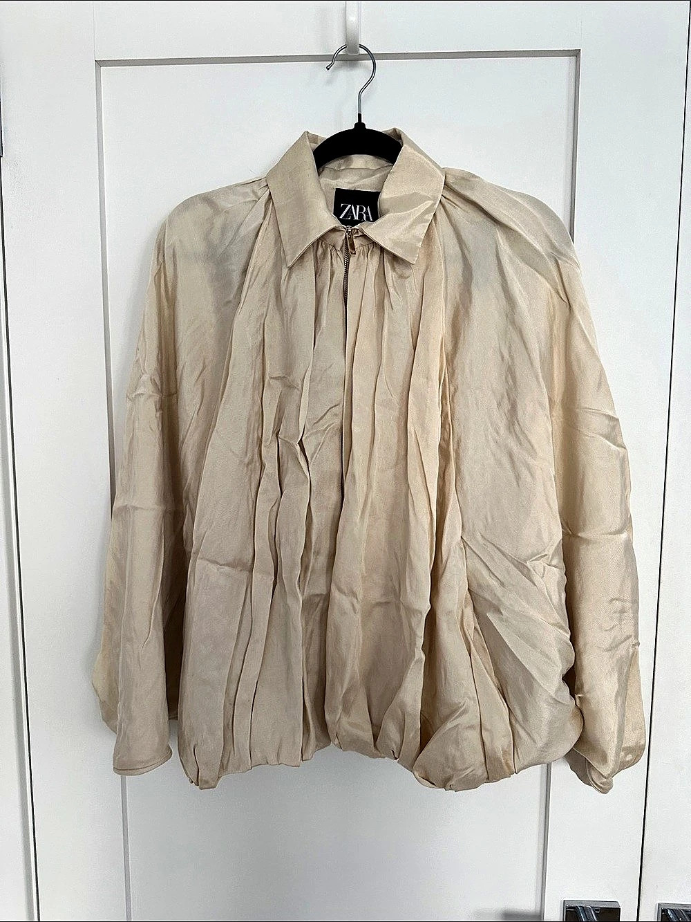 Zara ZW Collection Satin Puffed Bomber Jacket Cream Medium